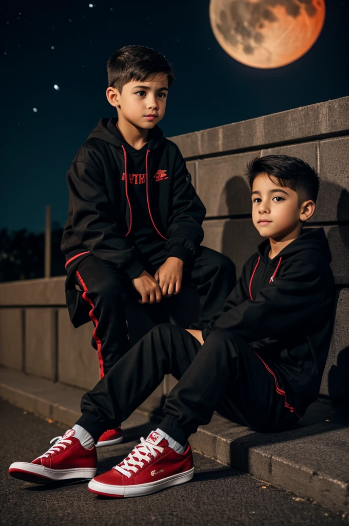 Young boy looking in the night sky sitting in black clothes and red sneakers