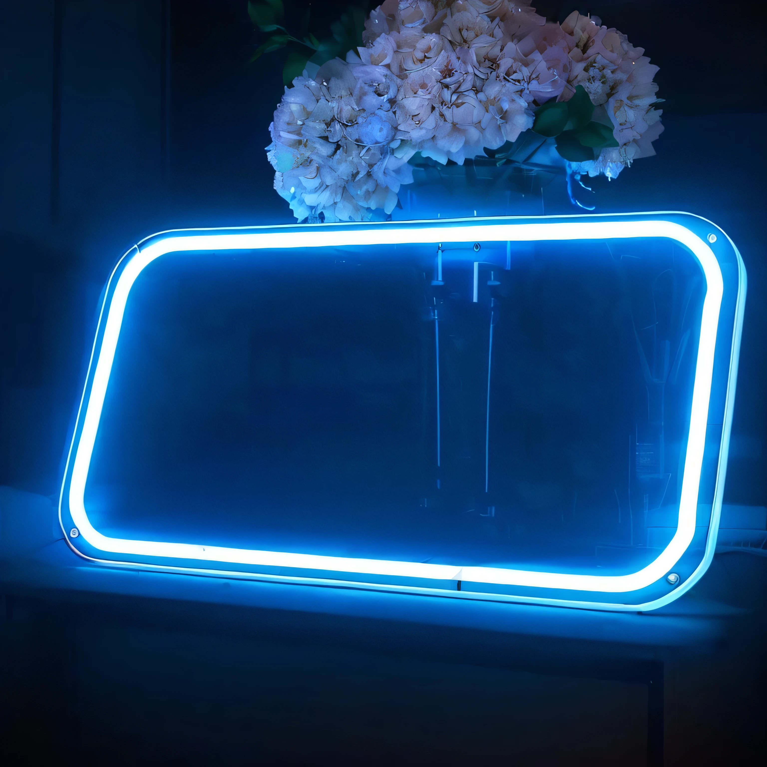 there is a blue neon sign sitting on a table with flowers, Blue neon lighting, dark Blue neon light, Blue neon light,