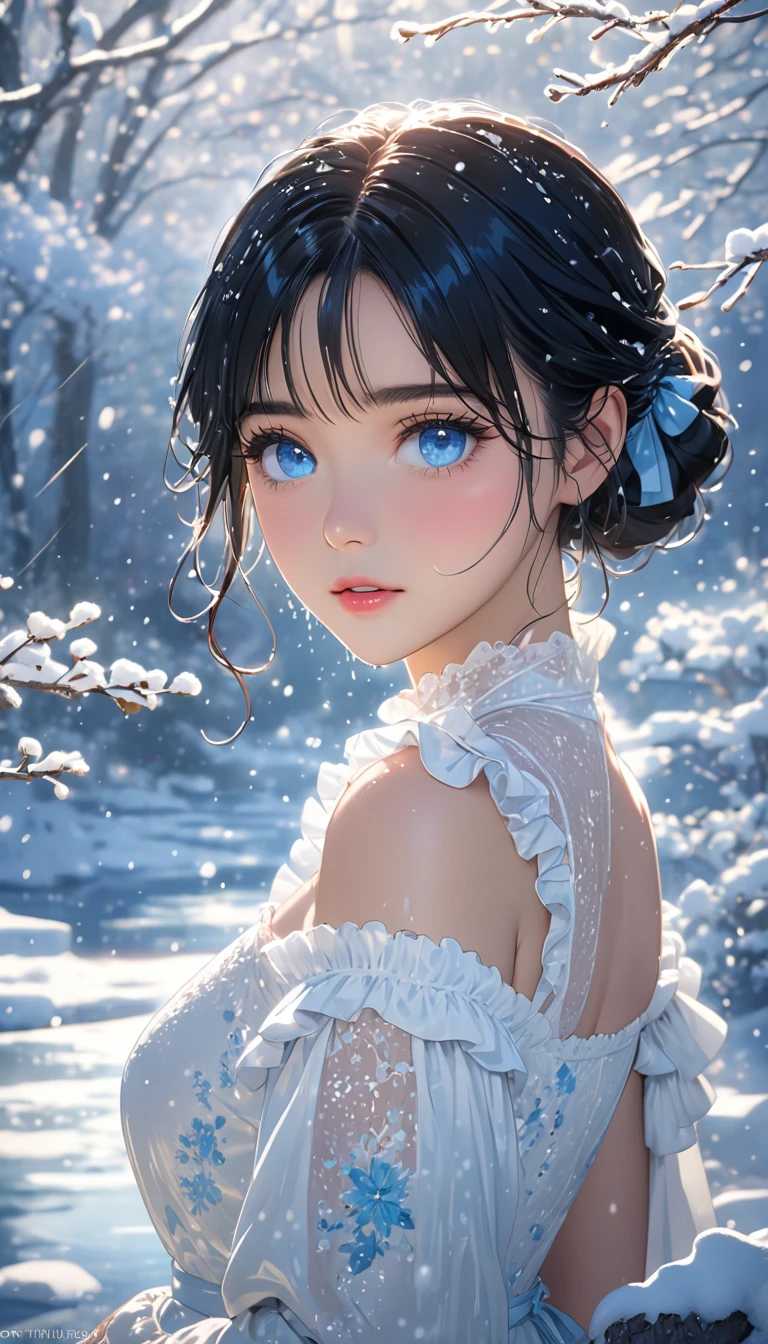 (((masterpiece))),best quality,illustration,4k wallpaper,movie lighting,absurd,1 girl,(snow,ice),in winter,blue eyes,black hair,shiny hair,white dress,frills,lace,wet clothes,leave_Shoulder,hair tie,masterpiece,telephoto lens,absurd,Exquisite face,features,natural light,soft light,(Seven-part combination),epic,Dreamy and magical,mystery,