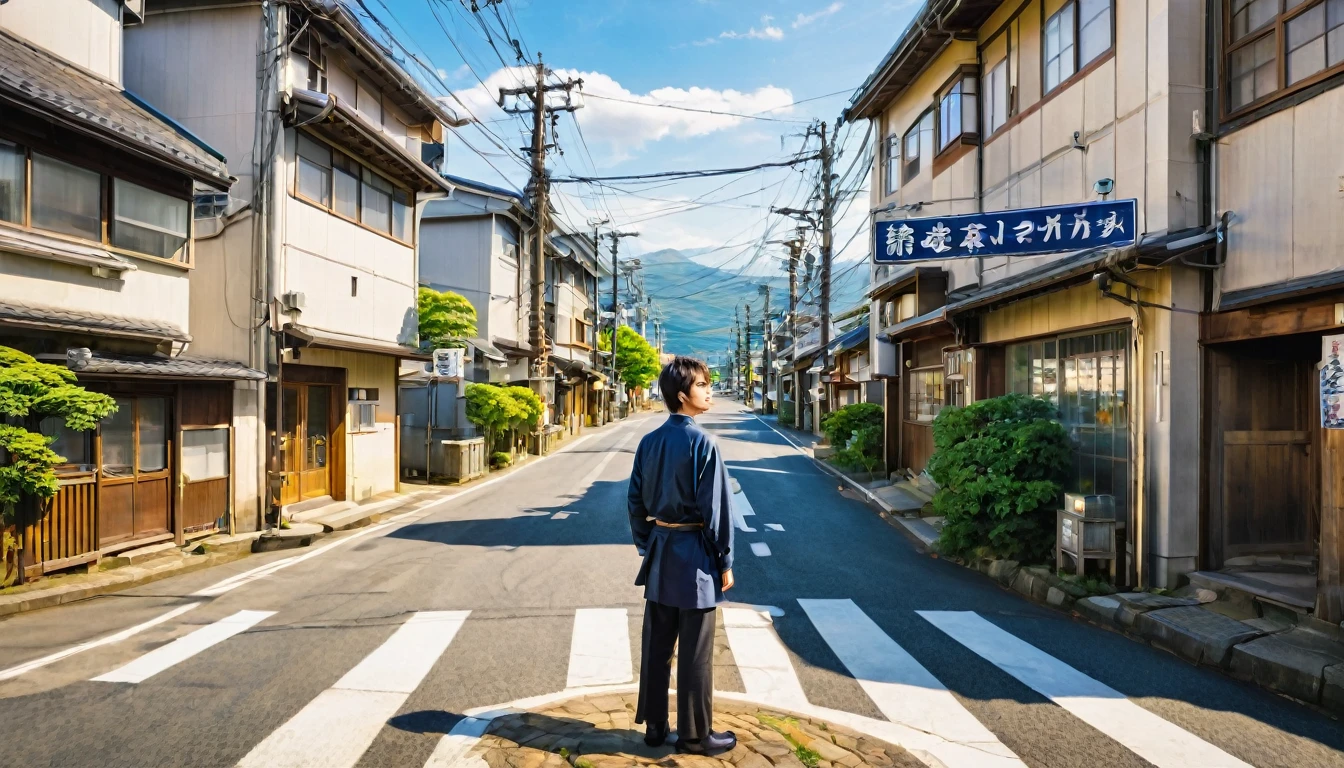"a young man standing at a crossroads in a rural Japanese town"