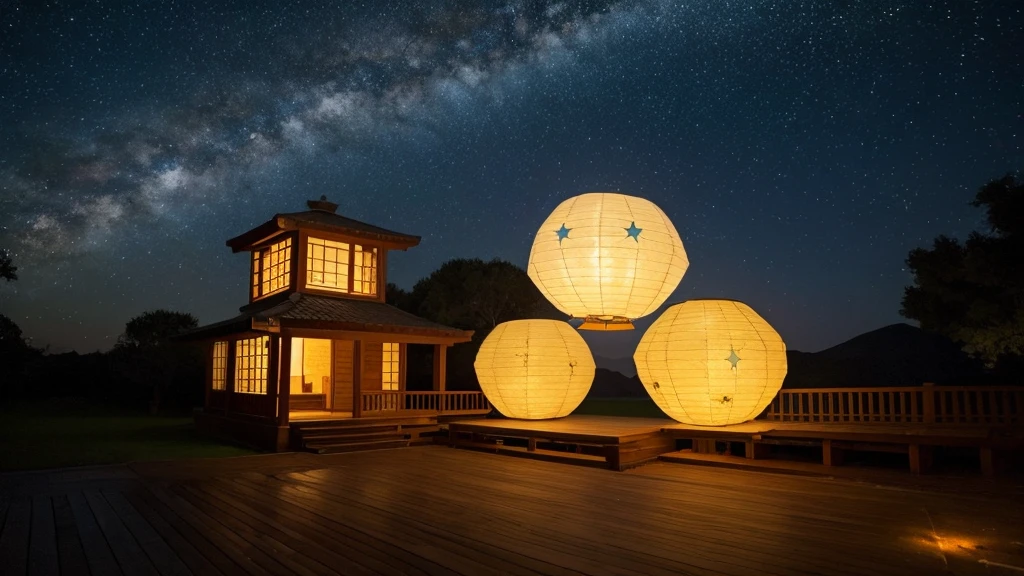 Stars in the night sky Random pentagonal lanterns Beautiful scenery filled with dancing。