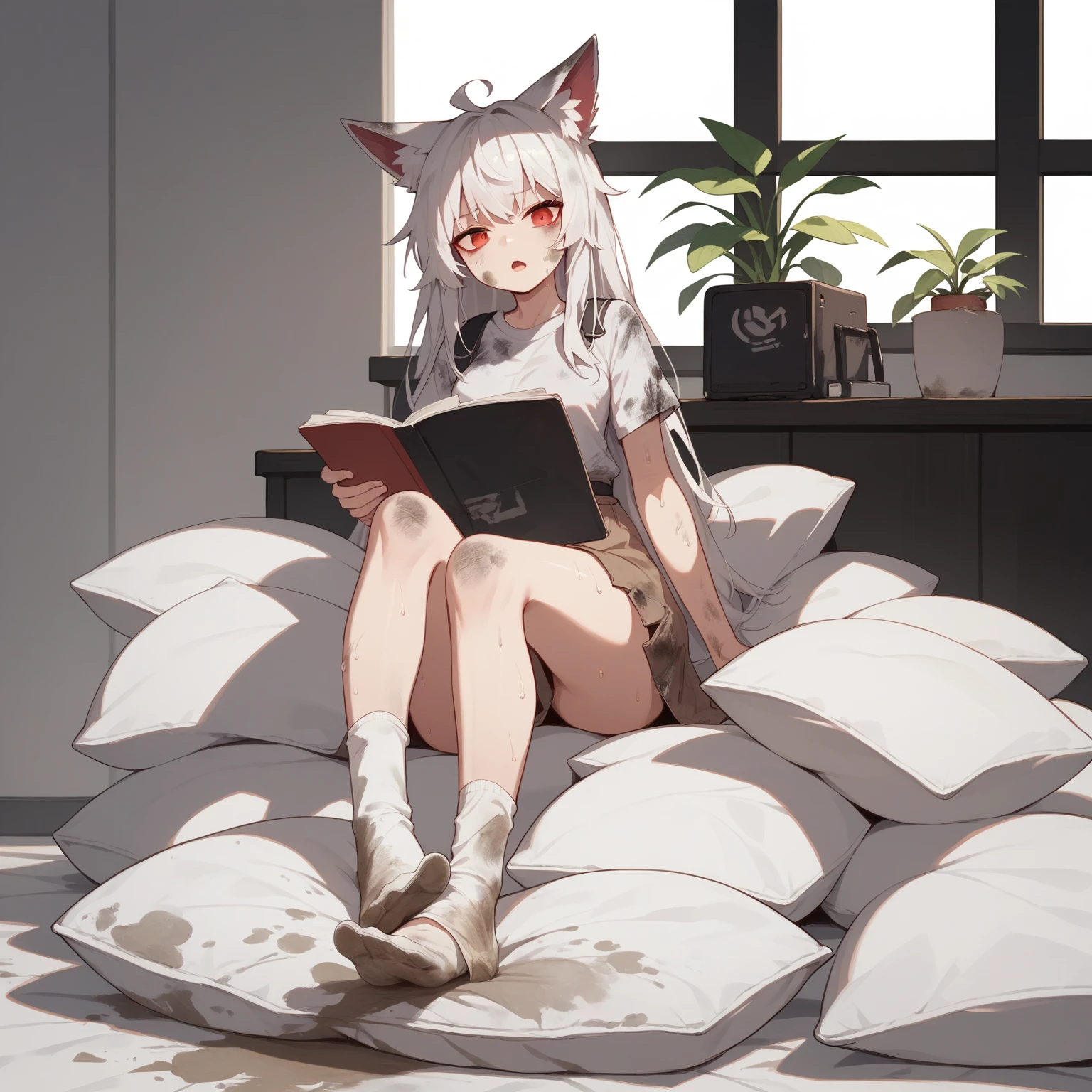 1 girl,dirty,foot,foot底,Red Eyes,breast,solitary,Long hair,White hair,,foot趾,foot部焦点,Looking at the audience,sit,Sweat,open mouth,dirty foot,Keep,indoor,Pillow,Bangs,White knee socks,Fox ears,There'foot的泥土,,Uniforms,Japanese style,dirtyPillow,dirty床,女孩周围堆满Pillow,女孩踩踏着Pillow,大量Pillow,Pillow上肮脏,,(Deluxe Rococo Canopy King Bed),On a big and spacious bed,(),,,,Luxurious curtains with ornate ruffles and ribbons surround the bed,((((There are many pillows piled on the bed)))),Detail of Quilt,Detailed bed sheets,女孩踩在Pillow上,(详细的Pillow),Urine,Pillow上的液体