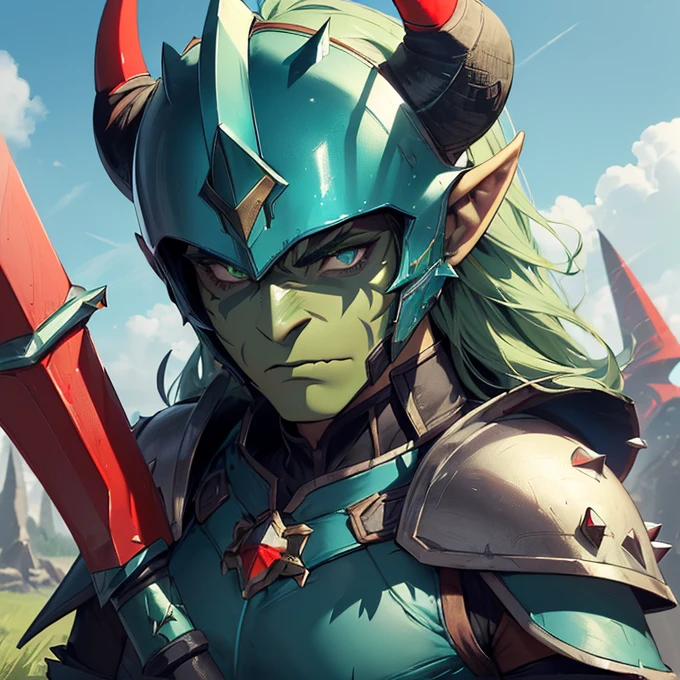 (absurdres, best high quality image, carefuly detailed features and textures, very detailed image, solo character alone, full view, tolkien aesthetic) {{(1character: adult male orc warrior, (green skin, pointy ears, green eyes with black pupils, black eyebrows, mouth with two long white tusks, serious face, big nose, pasive demeanor, arms crossed), (blue helmet with bull horns, red chest plate, bulky shoulder plates with spikes, red pants, blue boots, red sharped gauntlets, long toothed axe), ((green hill plain, sunny blue sky)}}