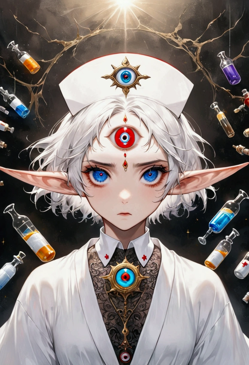 (((Lord Nether,short hair,独奏,third eye on the forehead,Elf ears))),(((robe:1.6,Eye Diagram,Dark Pattern))).(((Nurse hat,Infusion bottles,medical instruments,rescue,first aid))),whole body,Death Stare Background。body movements