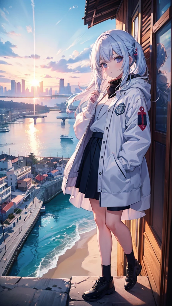 master part, top-notch quality, 4K Ultra HD, apresentando Gawr Gura de Hololive, in a white varsity jacket, posar para uma foto. Arte inspirada no estilo de Guweiz, arte de anime digital detalhada, flawless artwork, in a city with beautiful trees, with a purple early morning sky with beautiful clouds, in a place overlooking the sea with children playing in the background and flying kites