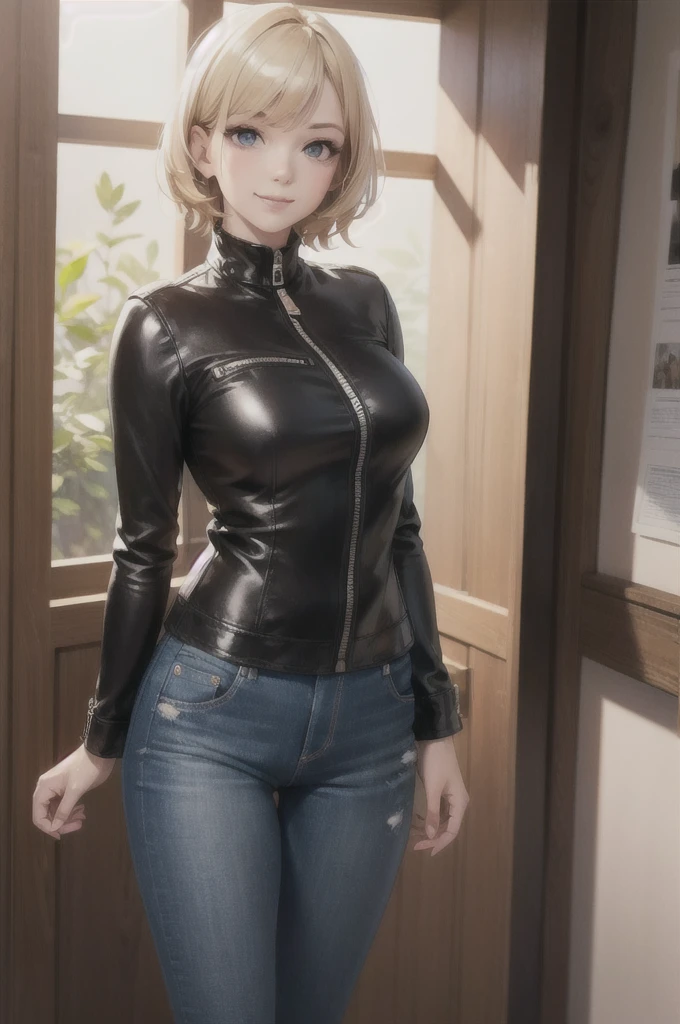 (Three-part method:1.4), ((Ultra-realistic illustrations:1.2)), Athletic blonde woman, (short hair), Tomboy, cute, ((smile)), sexy. mascara, Turtleneck Blouse, leather jacket, open zipper, Skinny jeans, High heels.masterpiece, Highest quality,(Very detailed:1.2),(Detailed face and eyes:1.2), 8k wallpaper, Depth of written boundary, Natural light. Core Shadow, High Contrast, Bokeh.