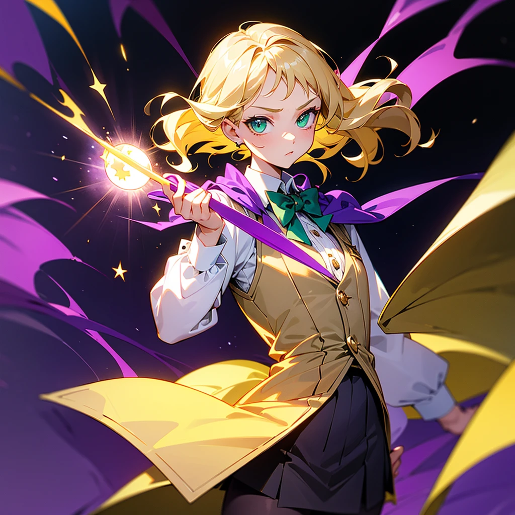 The image shows a young woman with short, wavy light blonde hair., Big green eyes, and a serious expression. He wears a white long-sleeved shirt with a purple bowtie and a fitted gray vest with gold buttons.. Complete her outfit with a skirt of the same color as the vest and dark tights.. Has a purple cape that extends back. In his left hand, holds a bright star made of purple energy, indicating that he has magical abilities.
