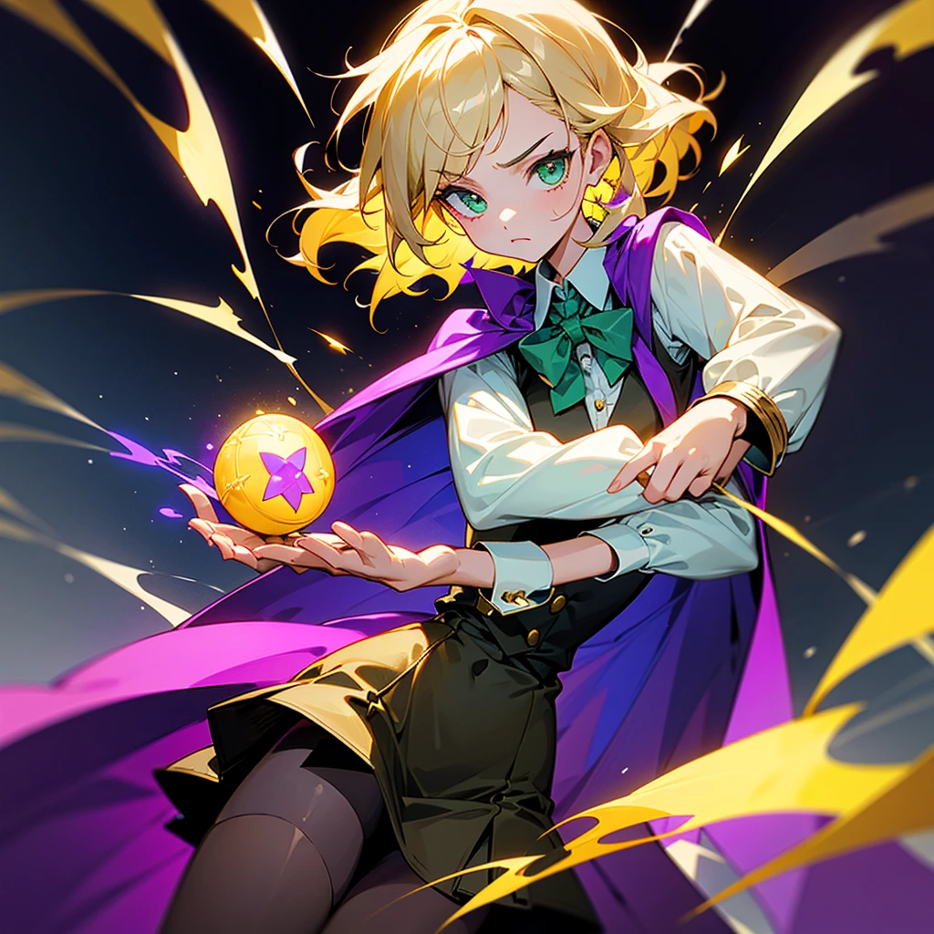 The image shows a young woman with short, wavy light blonde hair., Big green eyes, and a serious expression. He wears a white long-sleeved shirt with a purple bowtie and a fitted gray vest with gold buttons.. Complete her outfit with a skirt of the same color as the vest and dark tights.. Has a purple cape that extends back. In his left hand, holds a bright star made of purple energy, indicating that he has magical abilities.