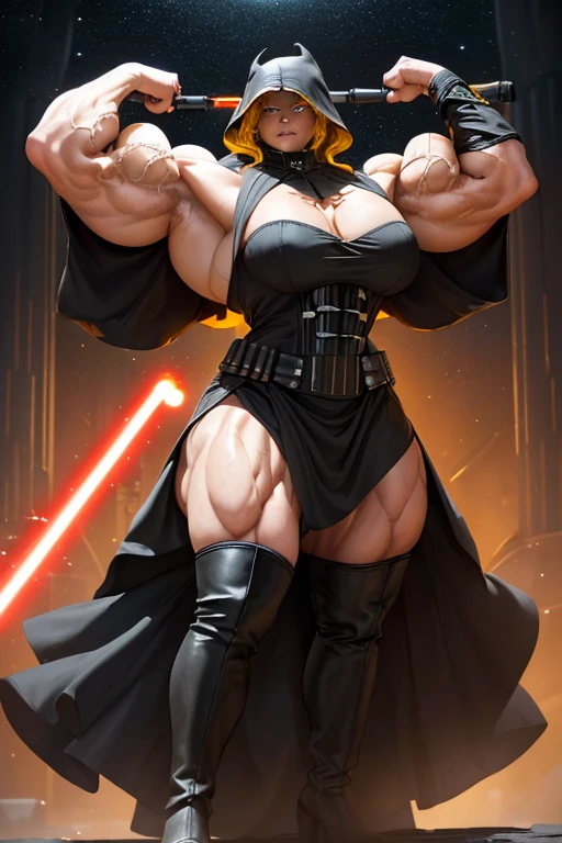 ((Massive, tall, beautiful, buff, muscular light brown skinned female Sith Lord with yellow hair, black lipstick, ginormous bulky muscles, holding a red lightsaber and wearing a tiered gothic dress with a Sith hood)), (close view), black eyeliner, massive muscles, massive biceps, hyper muscle triceps, long flowing hair, (((glowing gray eyes))), (tiered gothic dress), thigh high boots, In red space, (Sith hood), nighttime, (evil smile), hyper muscles arms, hyper muscle legs, massive arms