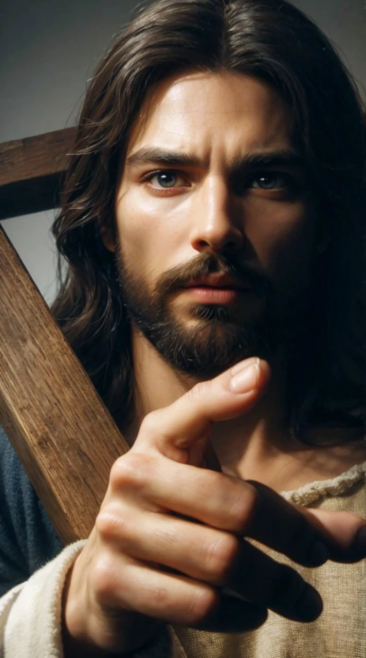 A detailed portrait of Jesus Christ, with a compassionate and intense expression. Jesus is looking directly at the viewer, conveying a deep and empathetic connection. The dramatic lighting enhances his features, creating a chiaroscuro effect that adds depth and contrast to the image. The portrait, In the style of oil painting, features a religious atmosphere with an ornate background that nods to traditional Christian iconography. Inspired by the Renaissance style, the image displays dramatic shadows and vivid colors, with cinematic lighting that accentuates the emotion of the moment. Facial features are highly detailed, capturing every nuance of expression and skin texture. The work is a true masterpiece, high quality and resolution, in 8K, with impressive photographic realism.
