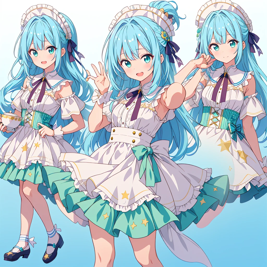 1girl、Star Fairy、Star incarnation、Character design front view、A picture facing the viewer、(((超detailed、Highest quality、最高masterpiece)))、Original cute hairstyle、Milky white and blue hair color、Simple Green Background、vtuber-fullbody,(Highest quality、masterpiece、High resolution、detailed)、4K、Beautiful Anime、(Shining Eyes、detailed美しい顔)､No text, One girl, break //Fashion Whimsical Tea Mad Hatter, This costume is、It captures the quirkiness and whimsy of the Mad Hatter character with a playful twist.。, Layered with various fabrics and patterns、Let&#39;s start with colorful, mismatched ensembles., Brilliant, A large jacket or coat with a frilly blouse、A whimsical style with striped or polka dot pants, break Add quirky accessories such as mismatched socks, Fingerless gloves, Patterned bow ties or ascots, Complete your outfit with a whimsical feathered top hat, ribbon, and Trump, Don&#39;t forget the distinctive orange wig and wild hairstyle., Complete the look with colorful makeup, Includes bold eyeshadow, Bright lipstick, And rosy cheeks, Embodying the playfulness of Mad Hatter&#39;s tea , break