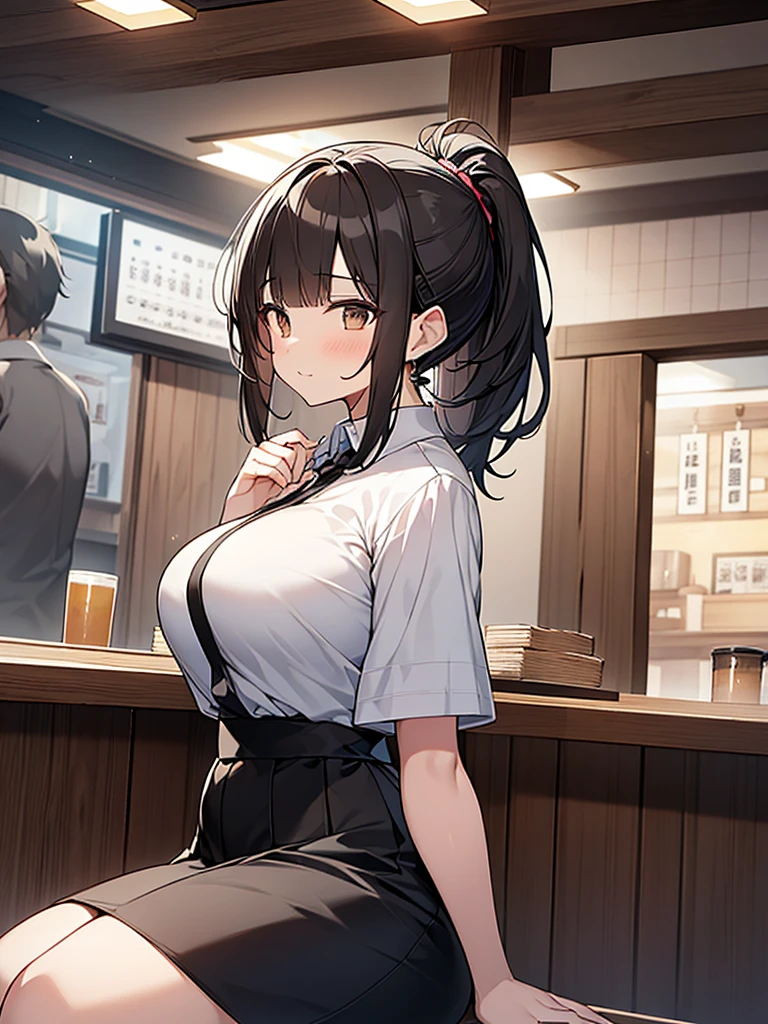 Big breasts, confused face, tall woman:1.9 Side view composition Izakaya at night Sitting on a chair White collared shirt short sleeves Black skirt Smiling Talking Black short hair Ponytail:1.9 Straight hair Hair tie Sweep bangs to the side:1.9. Slanted eyes, brown eyes, tall, strong-willed, beautiful