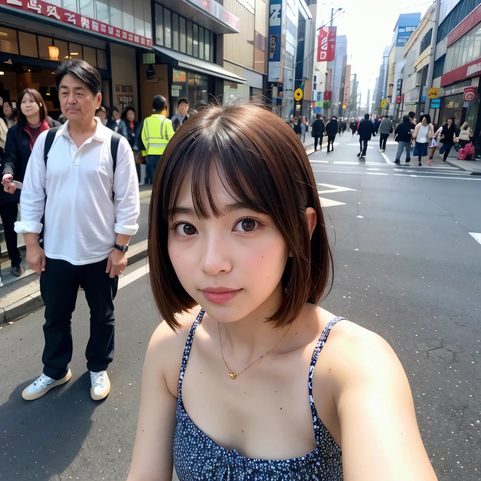 Japanese、girl、Selfie、In the background I can see a man looking towards me..