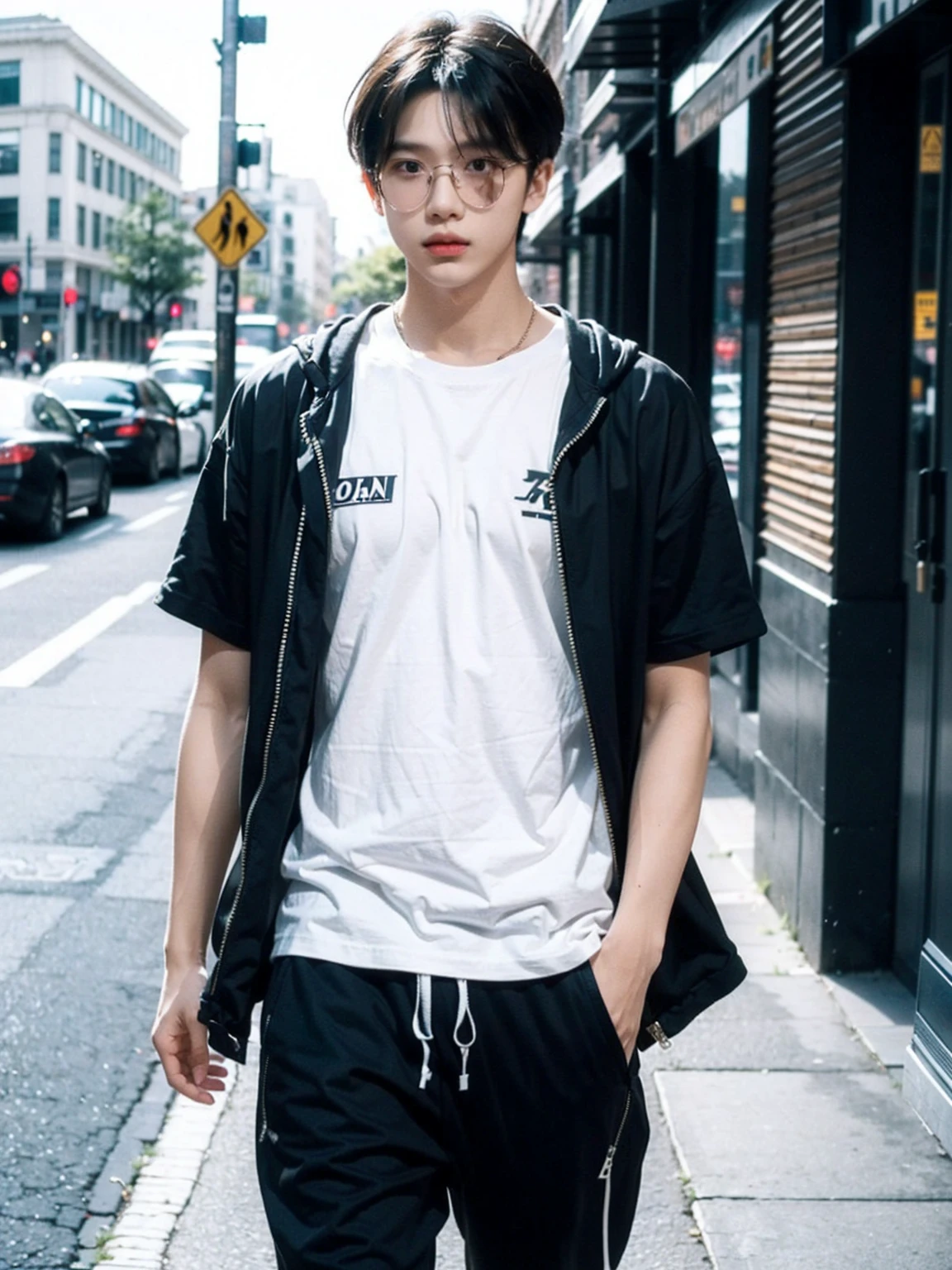 A young boy dressed in a stylish, relaxed outfit stands confidently. He wears a loose black T-shirt paired with black jogger pants, creating a sleek and modern look. The boy's hair is styled neatly, and he has an overall aesthetic, trendy appearance. The background features a minimalist urban setting with subtle, muted tones to emphasize the boy's fashionable attire. The scene captures a blend of casual and sophisticated street style, highlighting the boy's individuality and youthful energy.