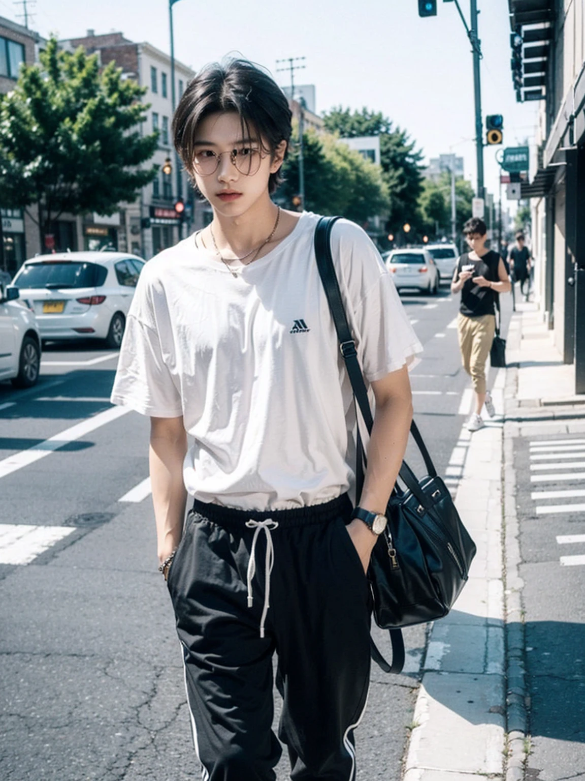 A young boy dressed in a stylish, relaxed outfit stands confidently. He wears a loose black T-shirt paired with black jogger pants, creating a sleek and modern look. The boy's hair is styled neatly, and he has an overall aesthetic, trendy appearance. The background features a minimalist urban setting with subtle, muted tones to emphasize the boy's fashionable attire. The scene captures a blend of casual and sophisticated street style, highlighting the boy's individuality and youthful energy.