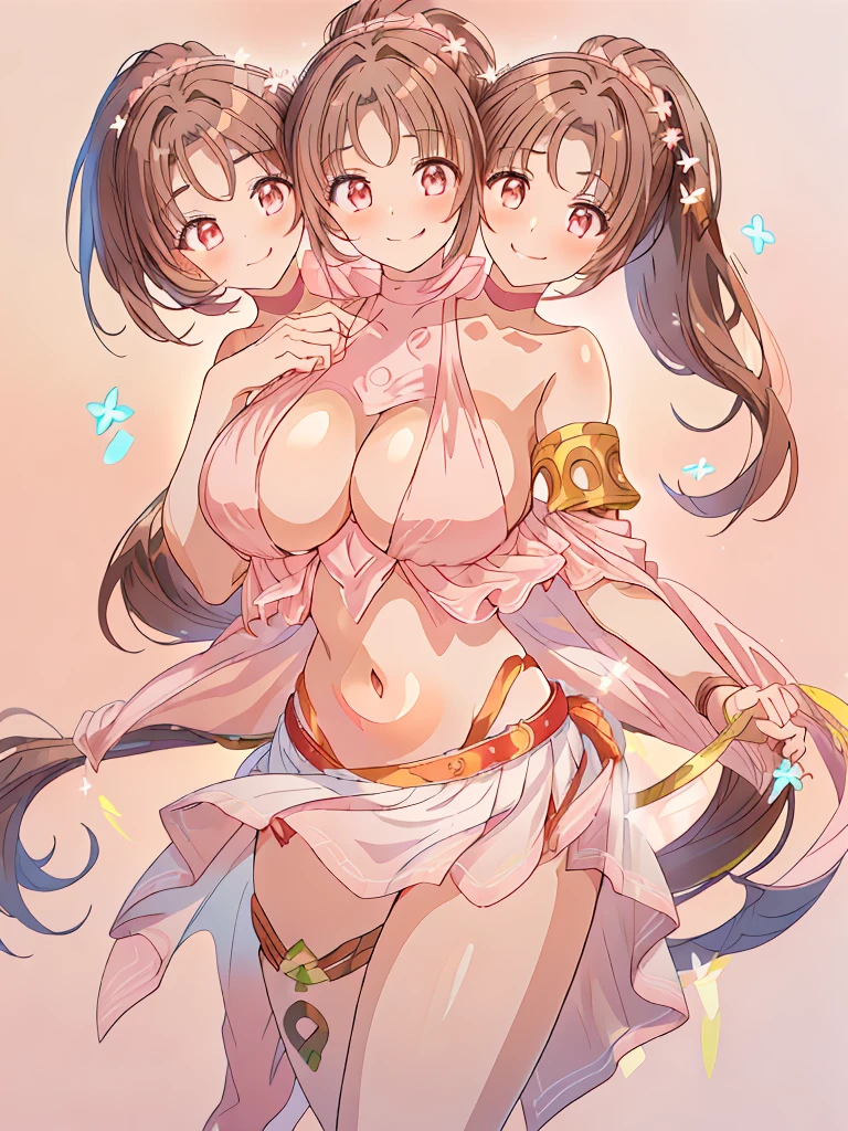 (masterpiece, best quality), best resolution, (3heads:1.5), 1girl, brown hair, brunette, ponytail, long flowing hair, smiling, seductive smile, open belly, white-pink crop top, pink-white miniskirt, open breasts, big tits, very huge tits, beautiful eyes, alluring presence,
