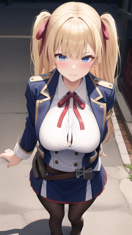 (masterpiece, best quality:1.2),illustration,8k,hd,absurdres,1girl,solo,cowboy shot,sussex (azur lane),bangs,black footwear,black pantyhose,blonde hair,blue eyes,blue jacket,blush,brown belt,buttons,cropped jacket,eyebrows visible through hair,hair ribbon,large breasts,long hair,facing viewer,long sleeves,mole under eye,one side up,open jacket,red ribbon,short dress,white dress,straight hair,loafers,