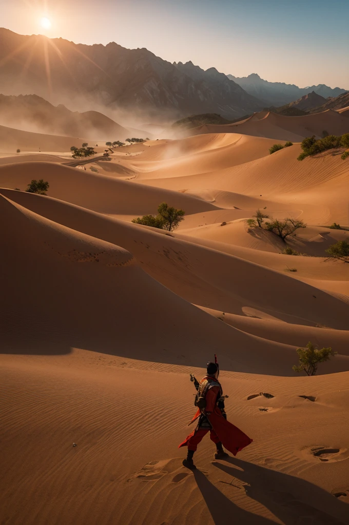 Landscape of China，（Vision） ，Outside the tent，Sunset，（A general in battle robes walks alone），Surrounded by neatly arranged tents and soldiers