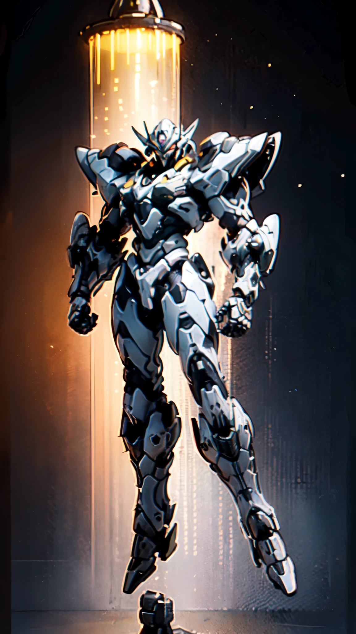 (masterpiece:1.5, best quality:1.5, extremely delicate:1.5), humanoid Mecha, fully enclosed shoulder guards, matching arm and leg guards, full body, full armor, the design balances heavy with agility, (the color scheme is primarily white with red and blue accents, the concept Inspired by Super robot, organic biotech armor, standing, floating high above the futuristic sci-fi city), exquisite and mature art style, (aura effect, energy, glowing eyes, the armor glows), metallic, dramatic, high definition, highres, ultra-detailed, ultra-fine painting, professional, perfect body proportions, anatomically correct, symmetrical face, extremely detailed eyes and face, high quality eyes, creativity, RAW photo, UHD, 32k, Natural light, cinematic lighting, masterpiece-anatomy-perfect