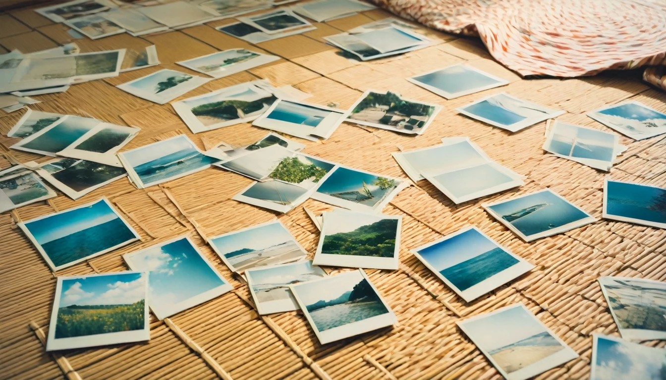 "Faded polaroid photographs of summer memories scattered on a tatami mat floor, a gentle breeze from an open shoji screen making them flutter"