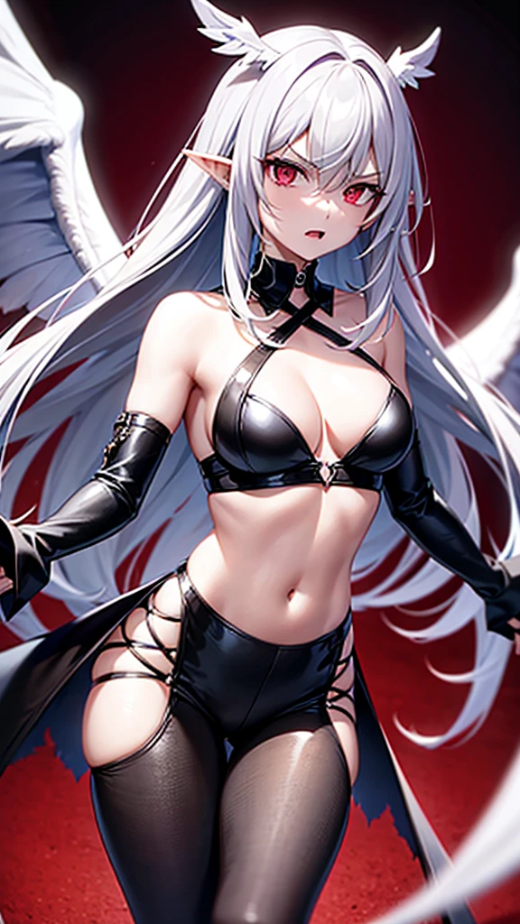 masterpiece, high quality, 4K, HDR,, A battle-ready demon with a disgruntled expression, open mouth revealing sharp, jagged fangs, narrowed eyes, and crimson irises. Pale skin, silver hair with neatly trimmed bangs in an intake hairstyle, long locks. A black halo hovers above the head, with a pair of large, spread black wings and pointed ears. BREAK Dressed in a gothic style, including a high-collared black coat, black pants, and black boots. BREAK Posed in a confrontational stance, wings spread, ready for battle. BREAK Dark, ominous background with swirling clouds and a blood-red sky.