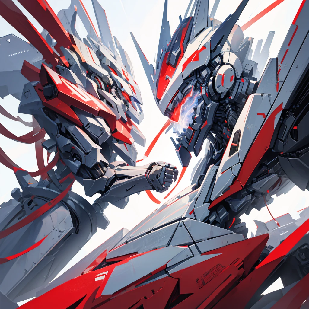 A mecha made of steel,A huge mecha flashing red,((Pure white background))