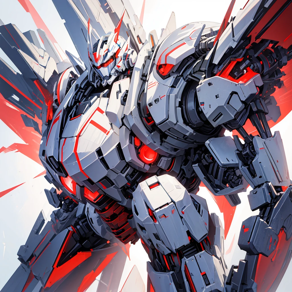 A mecha made of steel,A huge mecha flashing red,((Pure white background))