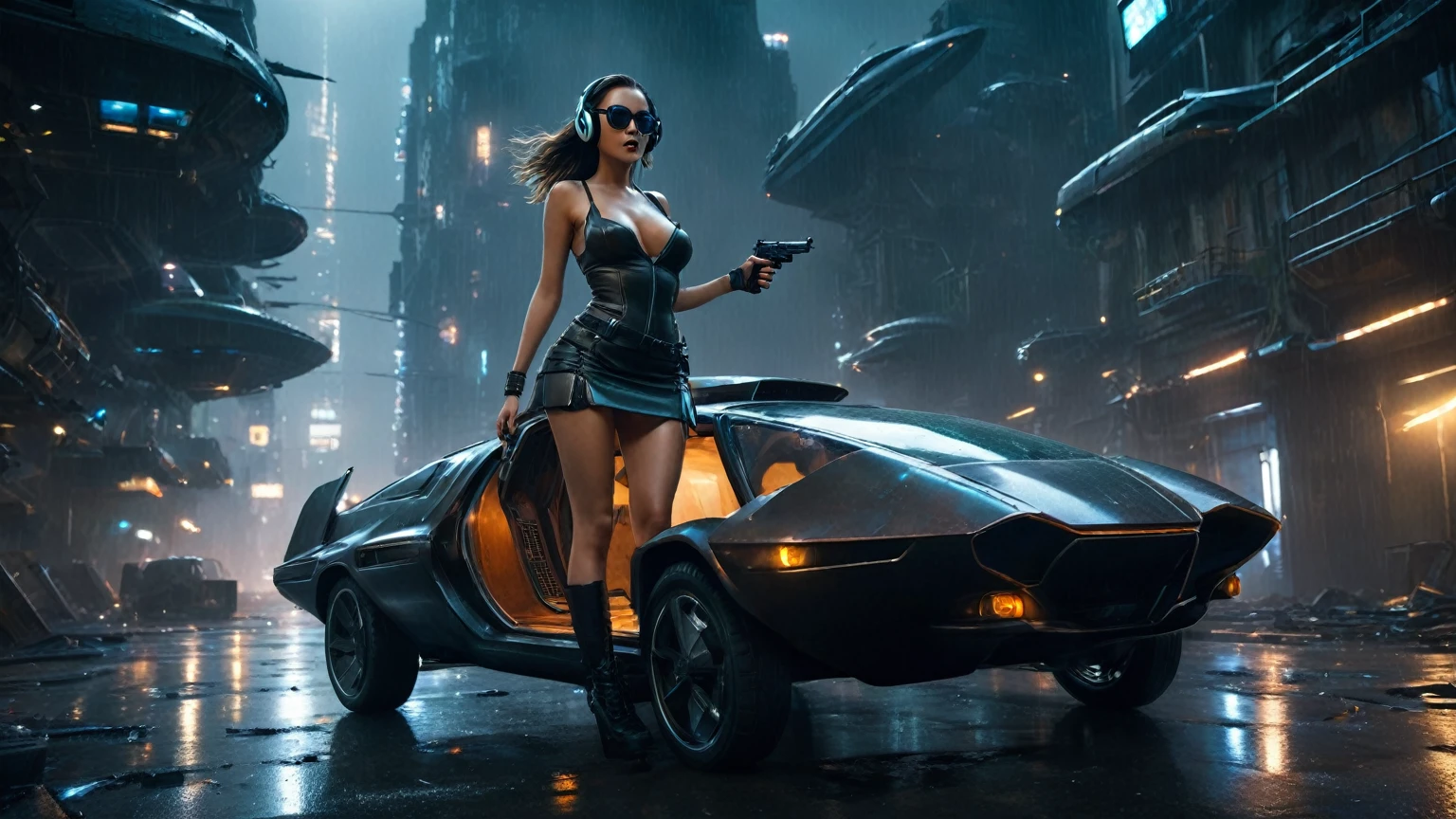 (aerial view, a flying car is speeding through a very dark abandoned futuristic city), rainy night. (((1girl, solo, alone))), large-breast:1.2 slim body, cleavage:1.1, sexy miniskirt, ((headphone, black sunglasses, standing and holding pistol pose)), (((((half-body thigh level medium shot))))), cinematic lighting, lens flare, ray tracing.