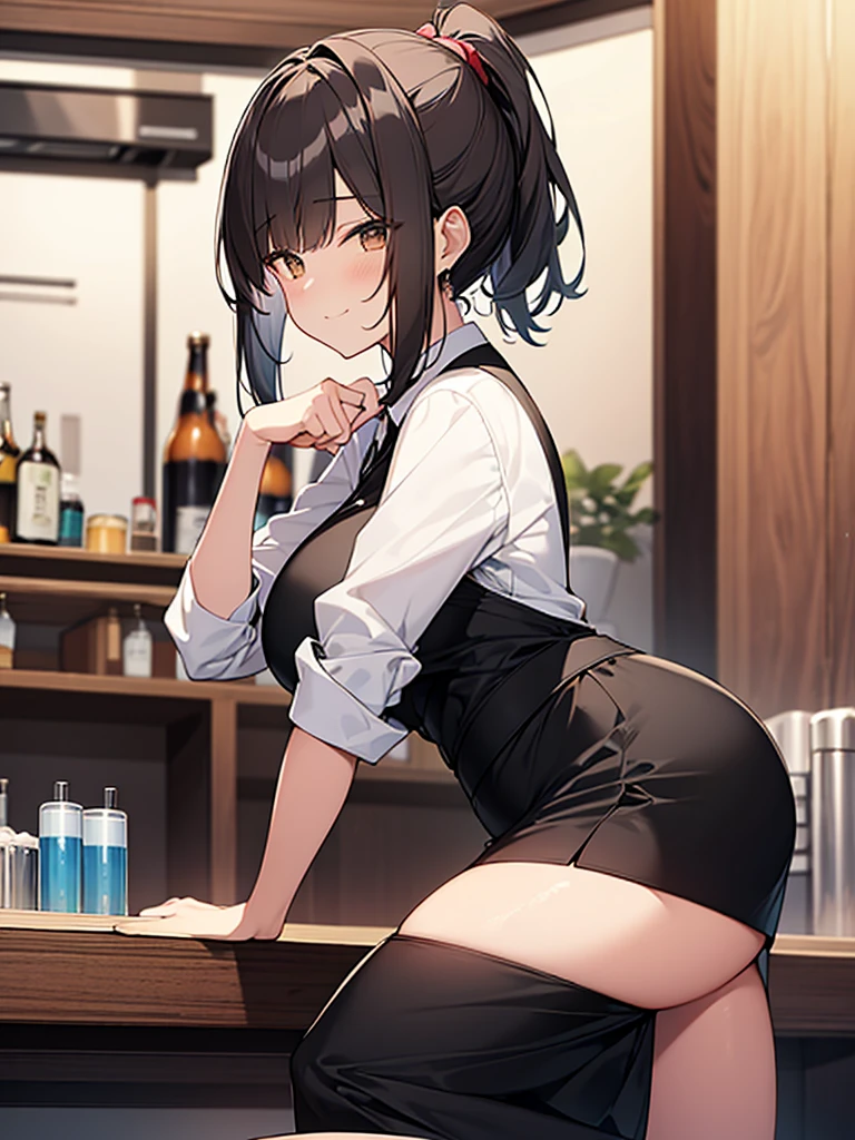 Big breasts:1.9. Small beer cup on the counter. Tall woman.:1.9 Side view composition Izakaya at night Sitting on a chair White collared shirt short sleeves Black skirt Smiling Talking Black short hair Ponytail:1.9 Straight hair Hair tie Sweep bangs to the side:1.9. Slanted eyes, brown eyes, tall, strong-willed, beautiful