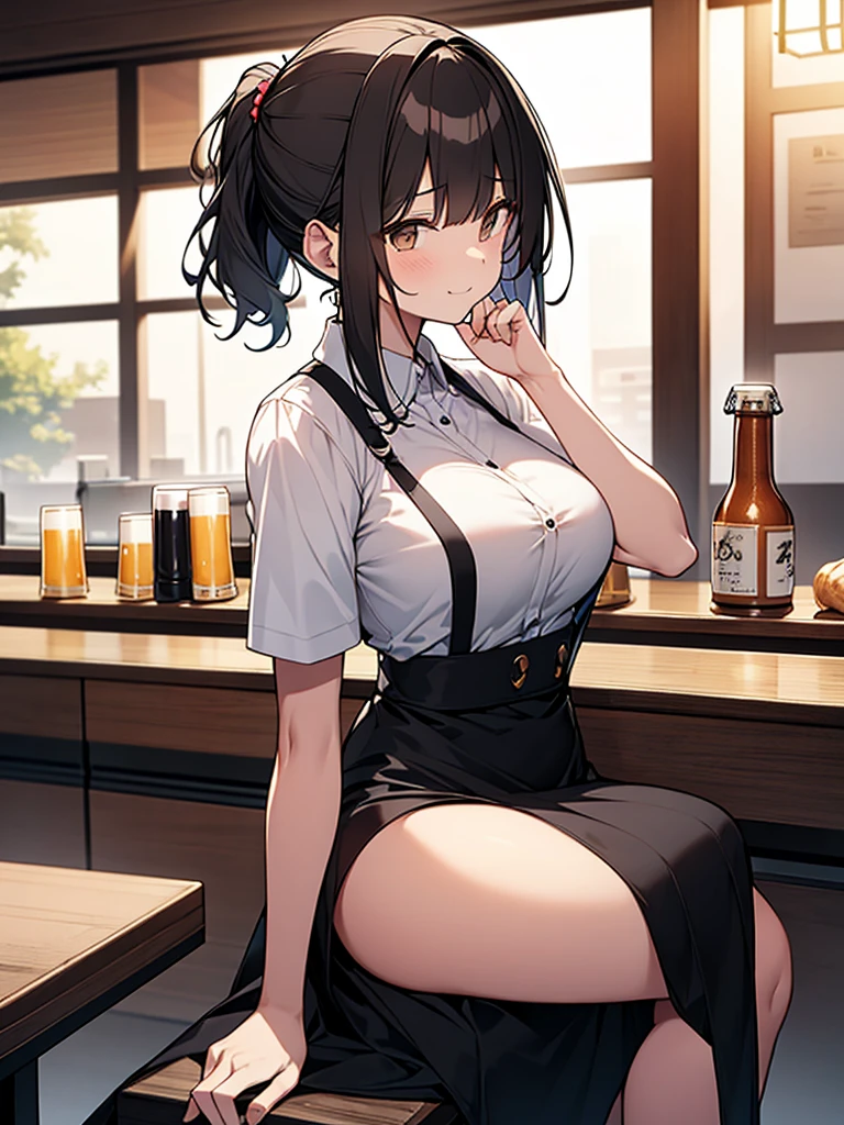 Big breasts:1.9. Small beer cup on the counter. Tall woman.:1.9 Side view composition Izakaya at night Sitting on a chair White collared shirt short sleeves Black skirt Smiling Talking Black short hair Ponytail:1.9 Straight hair Hair tie Sweep bangs to the side:1.9. Slanted eyes, brown eyes, tall, strong-willed, beautiful