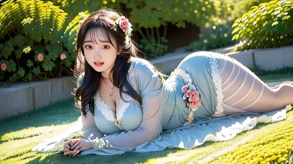 Still a 25-year-old woman, she is lying down, dressed in a knee-length dress, with a large body, with very thick toned legs, and a big ass. and in the background a garden full of red roses and beautiful butterflies flying.