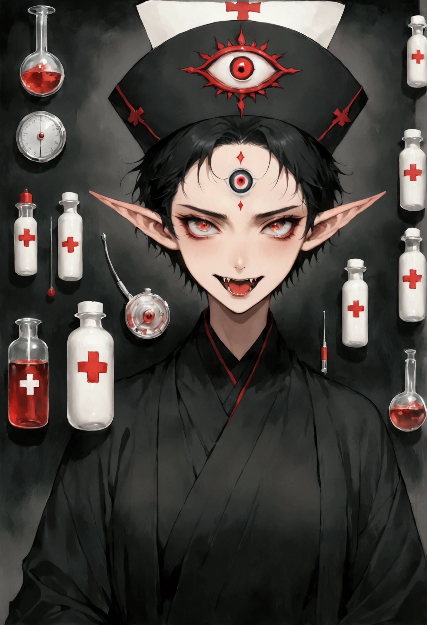 (((Lord Nether,short hair,独奏,third eye on the forehead,Elf ears,Fangs))),(((robe:1.6,Eye Diagram,Dark Pattern))).(((Nurse hat,Infusion bottles,medical instruments,rescue,first aid))),whole body,Death Stare Background。body movements