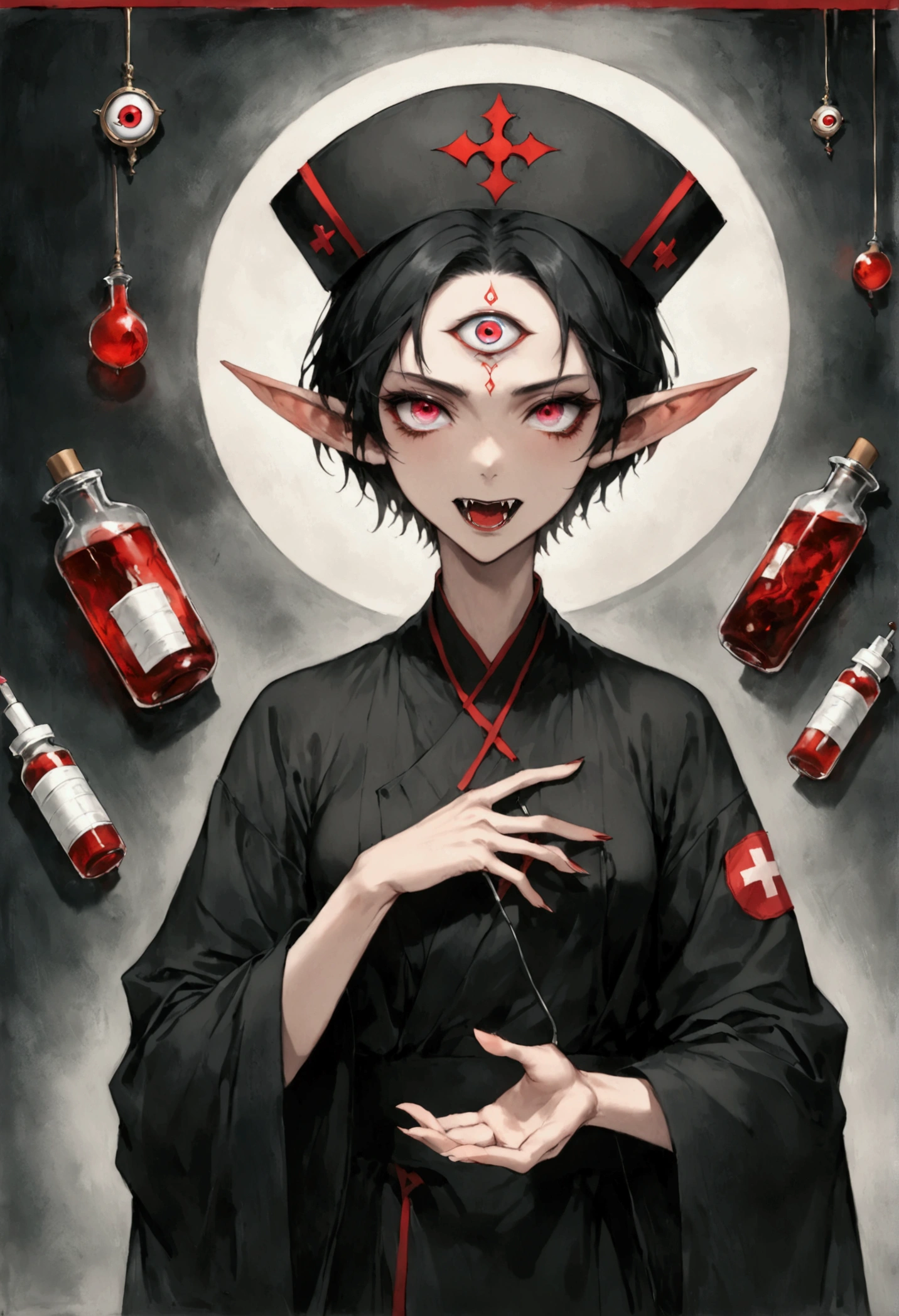 (((Lord Nether,short hair,独奏,third eye on the forehead,Elf ears,Fangs))),(((robe:1.6,Eye Diagram,Dark Pattern))).(((Nurse hat,Infusion bottles,medical instruments,rescue,first aid))),whole body,Death Stare Background。body movements