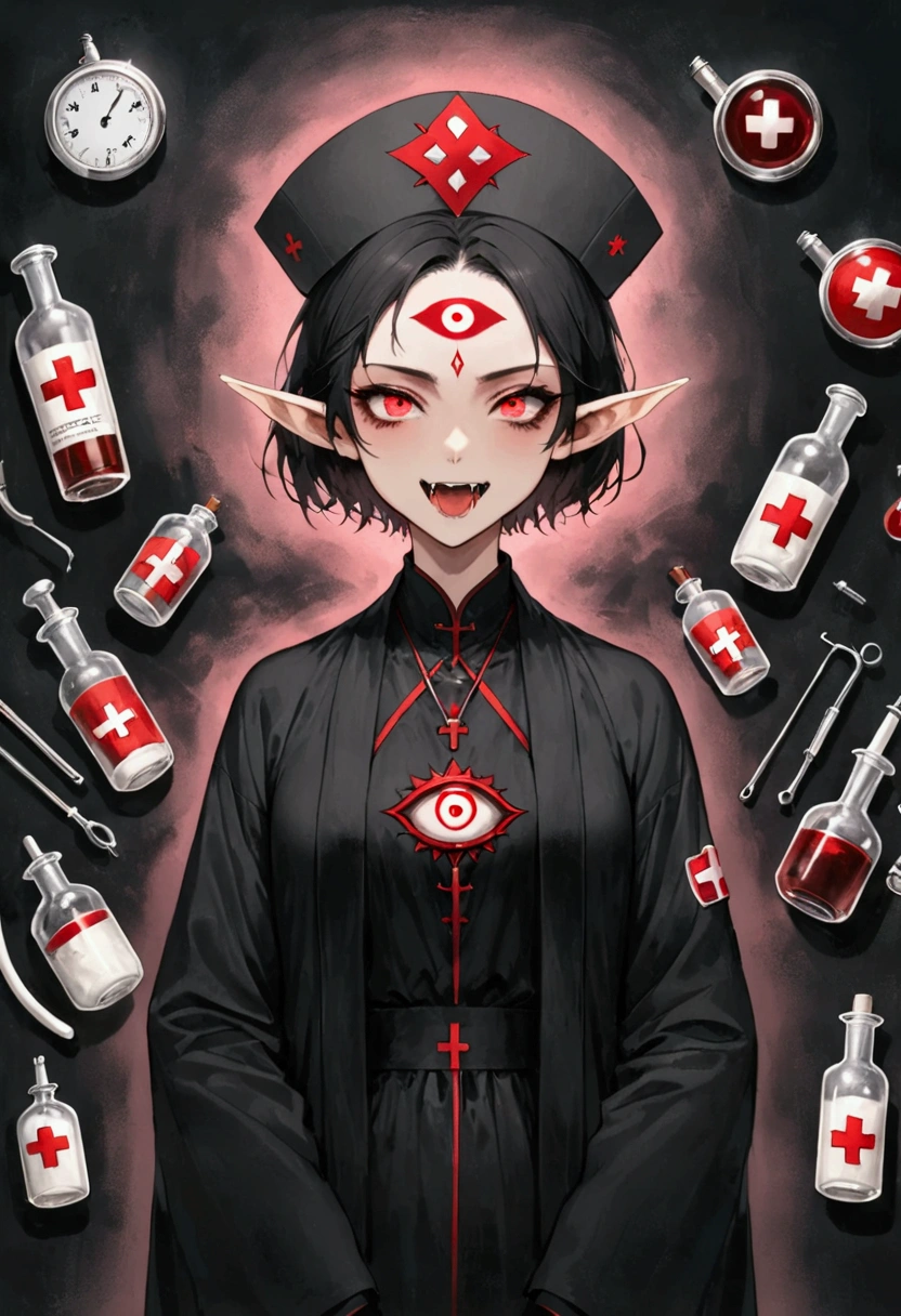 (((Lord Nether,short hair,独奏,third eye on the forehead,Elf ears,Fangs))),(((robe:1.6,Eye Diagram,Dark Pattern))).(((Nurse hat,Infusion bottles,medical instruments,rescue,first aid))),whole body,Death Stare Background。body movements