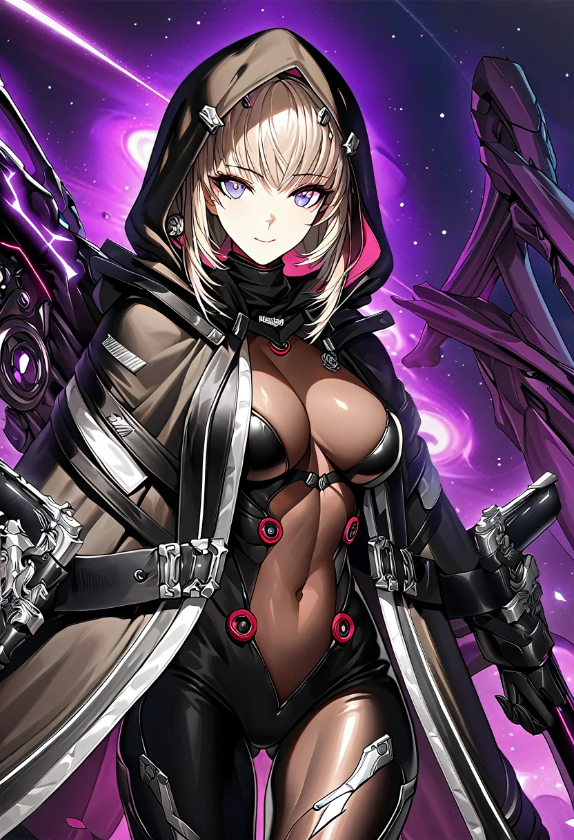 absurdres, by famous artist, exquisite, cowboy shot, hood, jacket, body suit, black clothes, black wear, tights, weapon, blue and purple eyes, perfect eyes,ultra detailed beautiful face, masterpiece, super fine illustration, ultra high res, masterwork, best quality, cg unity 8k wallpaper, official art, ultra detailed, beautiful, accurate face parts, even eyes, symmetrical eyes, perfect face, ultra detailed beautiful eyes,