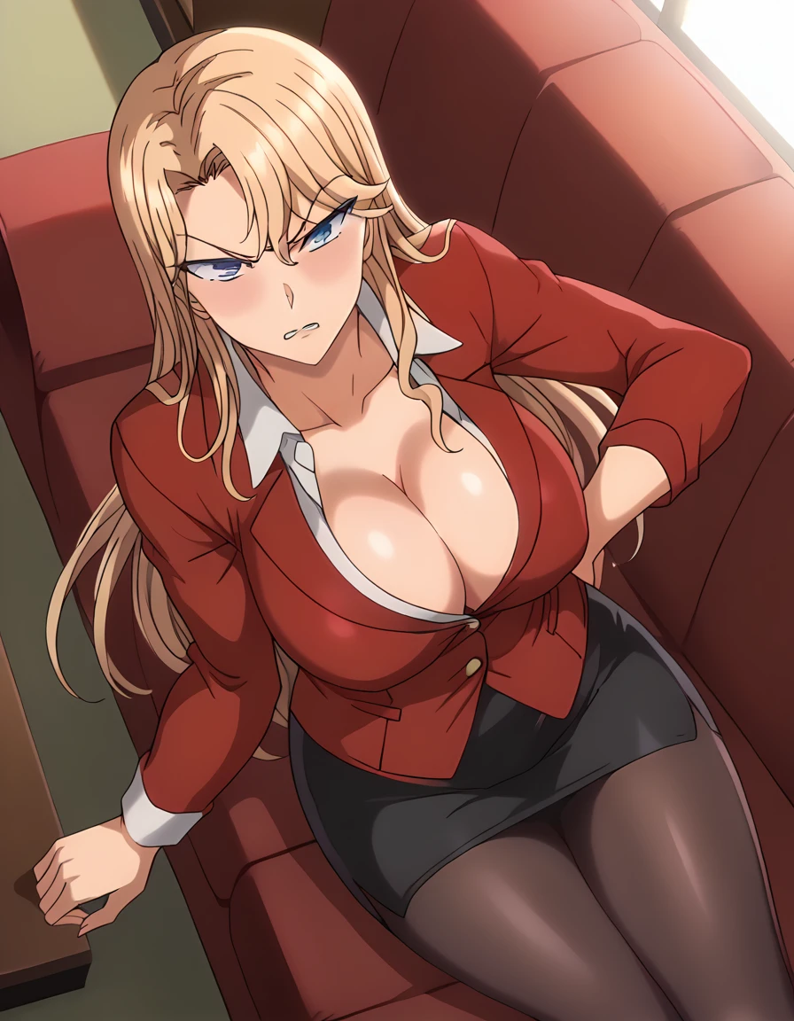 score_9, score_7_up, source_anime, anime screencap, BREAK 1female, ReikaKurashiki, blonde hair, long hair, blue eyes, (large breasts:1.3), long torso, red jacket, (collared shirt:1.1), collarbonea, (cleavage:0.7), red pencil skirt, pantyhose, sleeve cuffs, BREAK indoor, house, laying down on couch, in personal office, sunset lighting, angry expression, image from above,