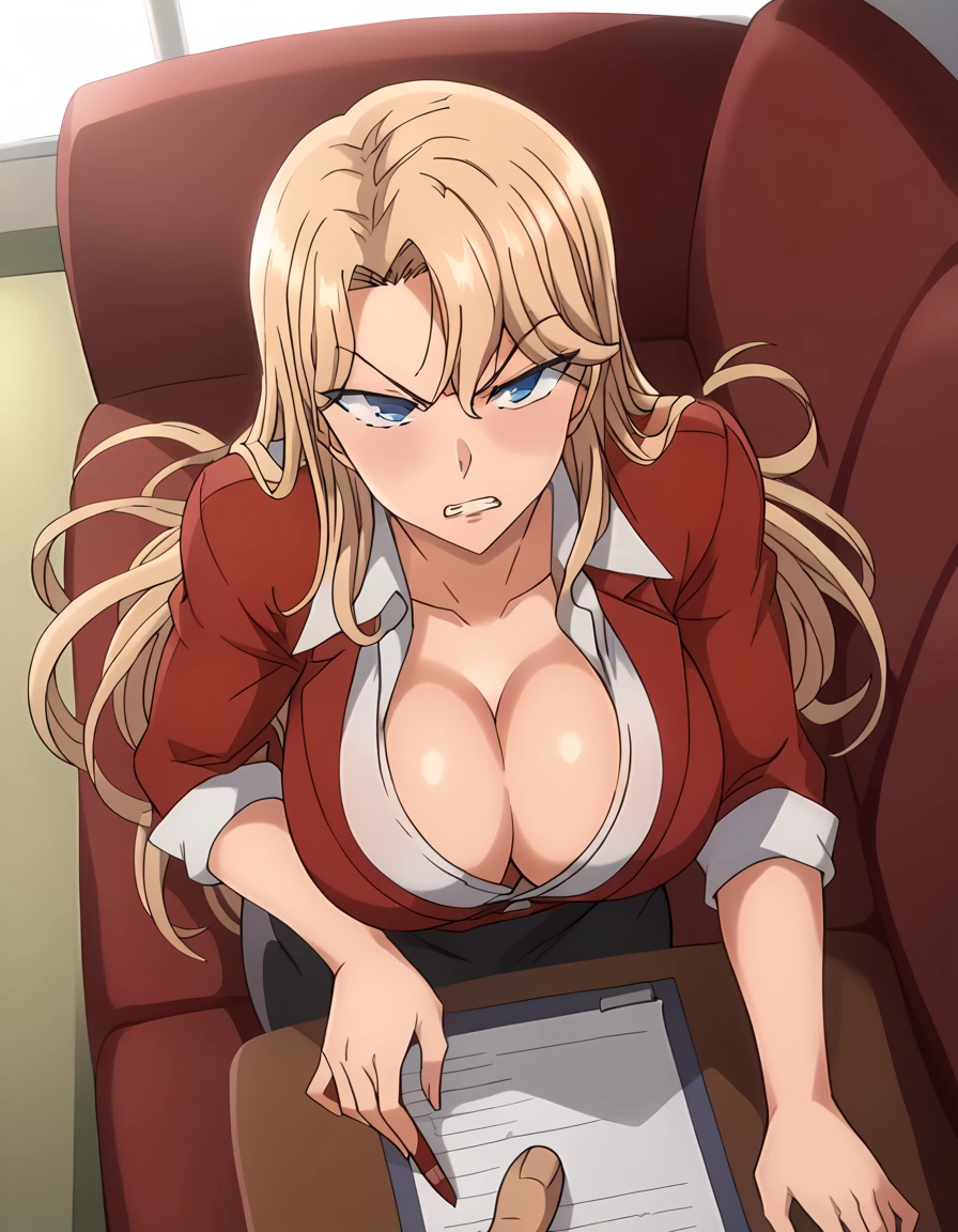 score_9, score_7_up, source_anime, anime screencap, BREAK 1female, ReikaKurashiki, blonde hair, long hair, blue eyes, (large breasts:1.3), long torso, red jacket, (collared shirt:1.1), collarbonea, (cleavage:0.7), red pencil skirt, pantyhose, sleeve cuffs, BREAK indoor, house, laying down on couch, in personal office, sunset lighting, angry expression, image from above,