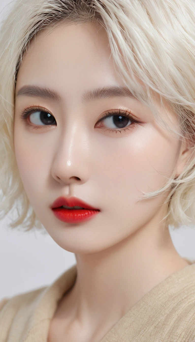 (Surrealism), (illustration), (high resolution), (8K), (Extremely detailed), (best illustration), (美丽而精致的Eye), (best quality), (Very detailed), (masterpiece), ( wallpaper), (Delicate face), solitary, 1 girl, White curly hair, Korean, Heterochromic Eyes, Eye下面有一颗小痣,, Large Breasts, Long legs, Tight abdominal muscles,Dynamic poses, High school girl,Gravure printing, Sexy, Perfect composition, ((Realistic perfect circle deep black super ridiculous details_Eye: 1.3, Extreme quality and resolution)), (Pale), ((Ultra-realistic sharp Eye, Obvious absurd quality, Not blurry,)), ((Fine pupils:1.4)), (Perfect makeup:1.35), ((Ultra-detailed symmetrical lips:1.3)), ((V-shaped jaw)), (Light glossy red_Lipstick:1.35), (Extremely detailed, Beautiful little nose:1.2), (Perfect composition), ((Pale skin:1.28)), ((Dry skin)), (flat chest), (Slim lower body), (Short hair handsome:1.37),