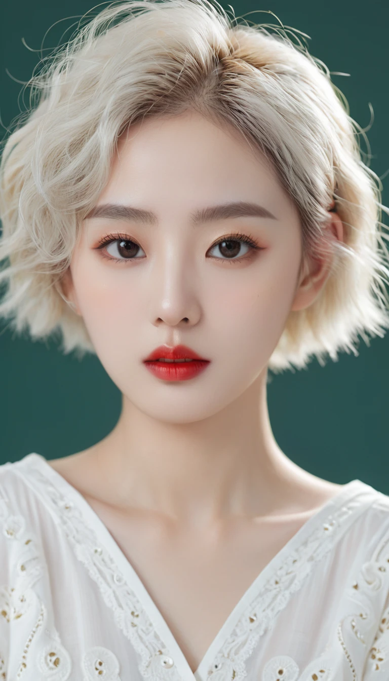 (Surrealism), (illustration), (high resolution), (8K), (Extremely detailed), (best illustration), (美丽而精致的Eye), (best quality), (Very detailed), (masterpiece), ( wallpaper), (Delicate face), solitary, 1 girl, White curly hair, Korean, Heterochromic Eyes, Eye下面有一颗小痣,, Large Breasts, Long legs, Tight abdominal muscles,Dynamic poses, High school girl,Gravure printing, Sexy, Perfect composition, ((Realistic perfect circle deep black super ridiculous details_Eye: 1.3, Extreme quality and resolution)), (Pale), ((Ultra-realistic sharp Eye, Obvious absurd quality, Not blurry,)), ((Fine pupils:1.4)), (Perfect makeup:1.35), ((Ultra-detailed symmetrical lips:1.3)), ((V-shaped jaw)), (Light glossy red_Lipstick:1.35), (Extremely detailed, Beautiful little nose:1.2), (Perfect composition), ((Pale skin:1.28)), ((Dry skin)), (flat chest), (Slim lower body), (Short hair handsome:1.37),