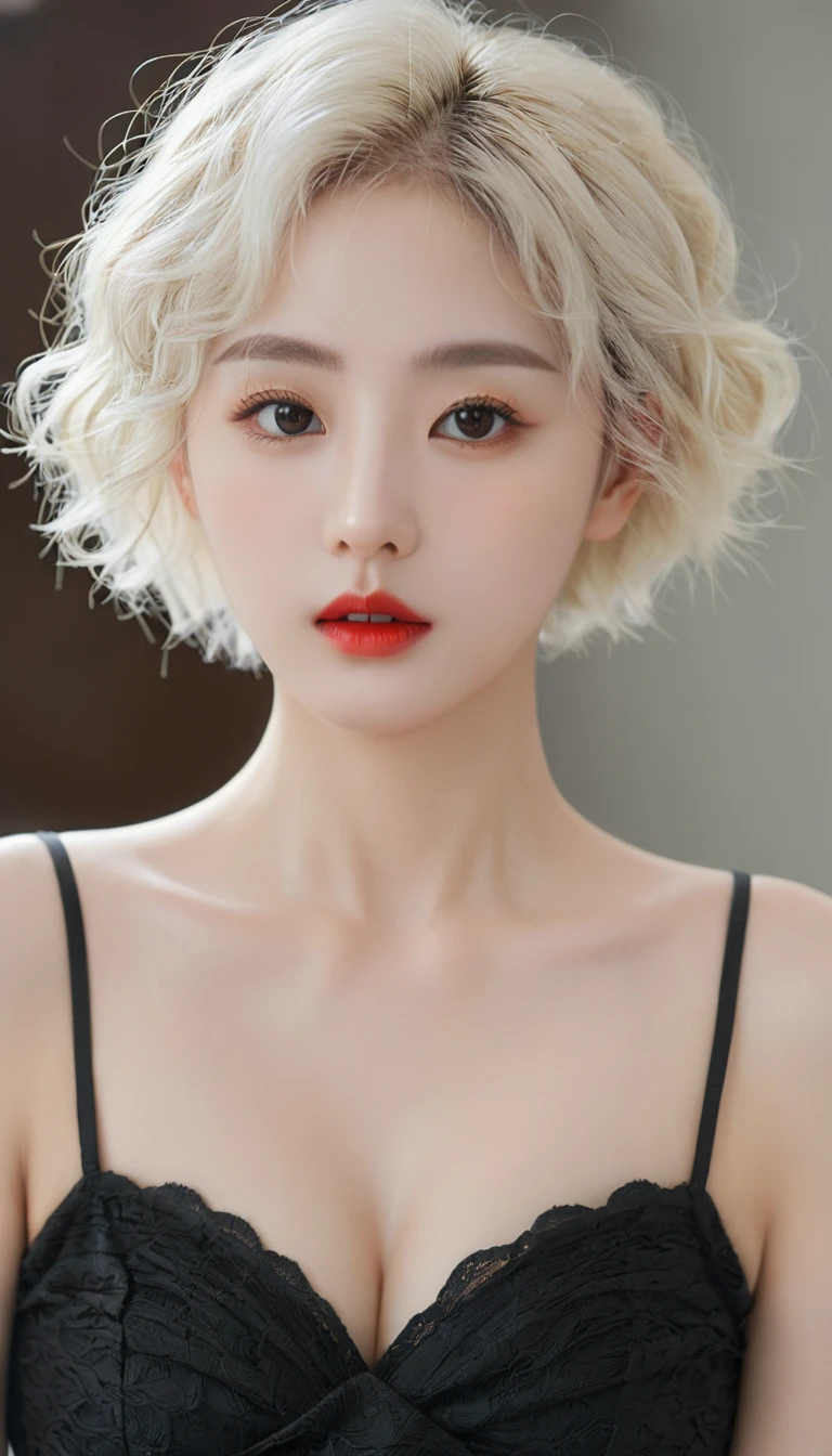 (Surrealism), (illustration), (high resolution), (8K), (Extremely detailed), (best illustration), (美丽而精致的Eye), (best quality), (Very detailed), (masterpiece), ( wallpaper), (Delicate face), solitary, 1 girl, White curly hair, Korean, Heterochromic Eyes, Eye下面有一颗小痣,, Large Breasts, Long legs, Tight abdominal muscles,Dynamic poses, High school girl,Gravure printing, Sexy, Perfect composition, ((Realistic perfect circle deep black super ridiculous details_Eye: 1.3, Extreme quality and resolution)), (Pale), ((Ultra-realistic sharp Eye, Obvious absurd quality, Not blurry,)), ((Fine pupils:1.4)), (Perfect makeup:1.35), ((Ultra-detailed symmetrical lips:1.3)), ((V-shaped jaw)), (Light glossy red_Lipstick:1.35), (Extremely detailed, Beautiful little nose:1.2), (Perfect composition), ((Pale skin:1.28)), ((Dry skin)), (flat chest), (Slim lower body), (Short hair handsome:1.37),