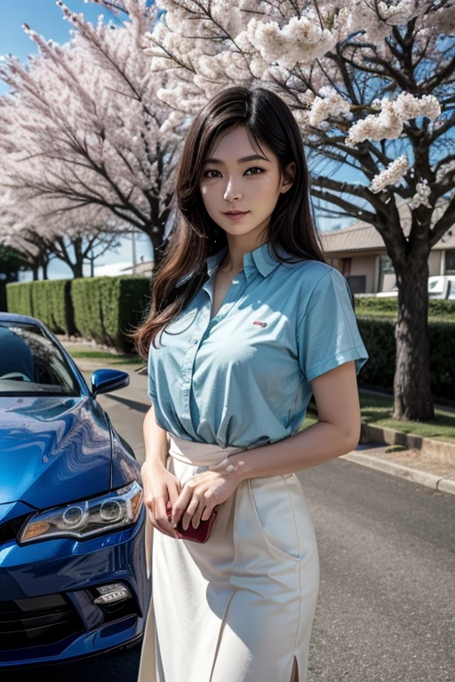 Fassa a beautiful Japanese woman next to a Nissan Silvia S15 that is in front of a cherry tree