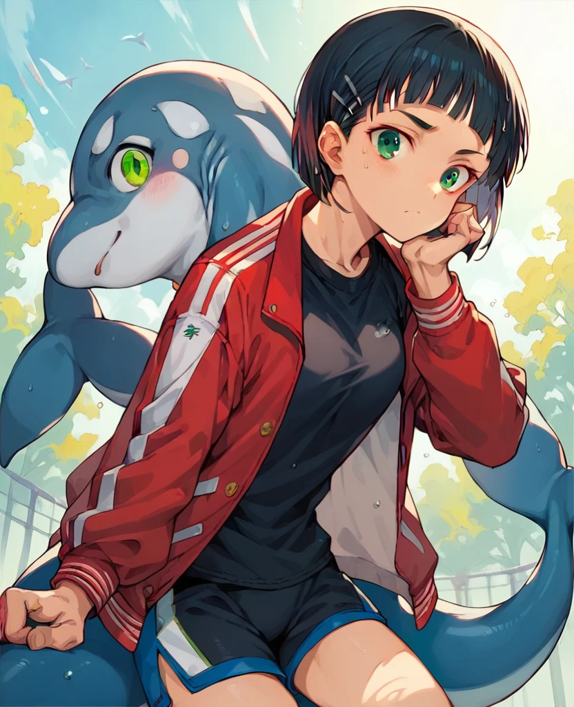 sexual harassment, Kirigaya Suguha, short hair, black fur, hair ornament, Hair clip, (green eyes:1.3),
jacket ROMPER, Bermuda, short Bermuda, blue Bermuda, sport jacket, dolphin Bermuda, gym Bermuda, (Red jacket:1.2), shirt, (black shirt:1.2),
REST outdoors, nature, forest, sun, sky,
REST looking at the viewer, (cowboy shot:1.5),
BREAK (Masterpiece:1.2), Best Quality, alta resunución, unity wallpaper 8k, (illustration:0.8), (Beautiful detailed eyes:1.6), extremely detailed face, perfect lighting, Extremely detailed CG, (perfect hands, perfect anatomy),