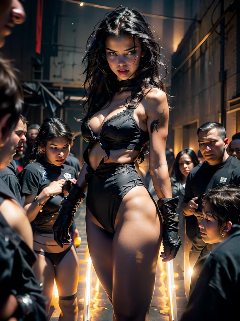 Adriana Lima, sexy black lingerie, cleavage, hands tied, wrists tied, tied, in a dark room, looking at the viewer, dim light passing through her hair, dark atmosphere, depth of field, bokeh, ((crowd of men in the background))