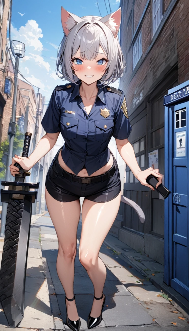 1girl、(((best quality)), ((masterpiece)), (details), masterpiece, best quality, high quality, ulutra detailed, perfect face, ((1girl, Blue eyes, cat ears: 1.3 silver bob hair: 2.5,)) 、Shiny Hair、Glowing Skin、blush、Lustful look、whole body、Police Officer Costume、Police officer shorts、Black stiletto heels、salute、Embarrassed smile、Holding a Japan sword with both hands、police box、Police Station Background、whole body