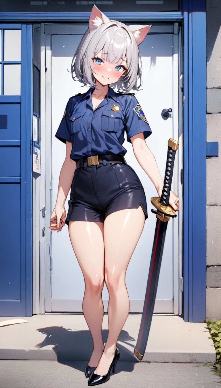 1girl、(((best quality)), ((masterpiece)), (details), masterpiece, best quality, high quality, ulutra detailed, perfect face, ((1girl, Blue eyes, cat ears: 1.3 silver bob hair: 2.5,)) 、Shiny Hair、Glowing Skin、blush、Lustful look、whole body、Police Officer Costume、Police officer shorts、Black stiletto heels、salute、Embarrassed smile、Holding a Japan sword with both hands、police box、Police Station Background、whole body