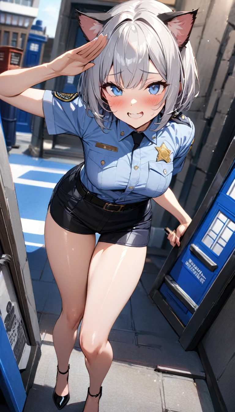 1girl、(((best quality)), ((masterpiece)), (details), masterpiece, best quality, high quality, ulutra detailed, perfect face, ((1girl, Blue eyes, cat ears: 1.3 silver bob hair: 2.5,)) 、Shiny Hair、Glowing Skin、blush、Lustful look、whole body、Police Officer Costume、Police officer shorts、Black stiletto heels、salute、Embarrassed smile、Holding a Japan sword with both hands、police box、Police Station Background、whole body