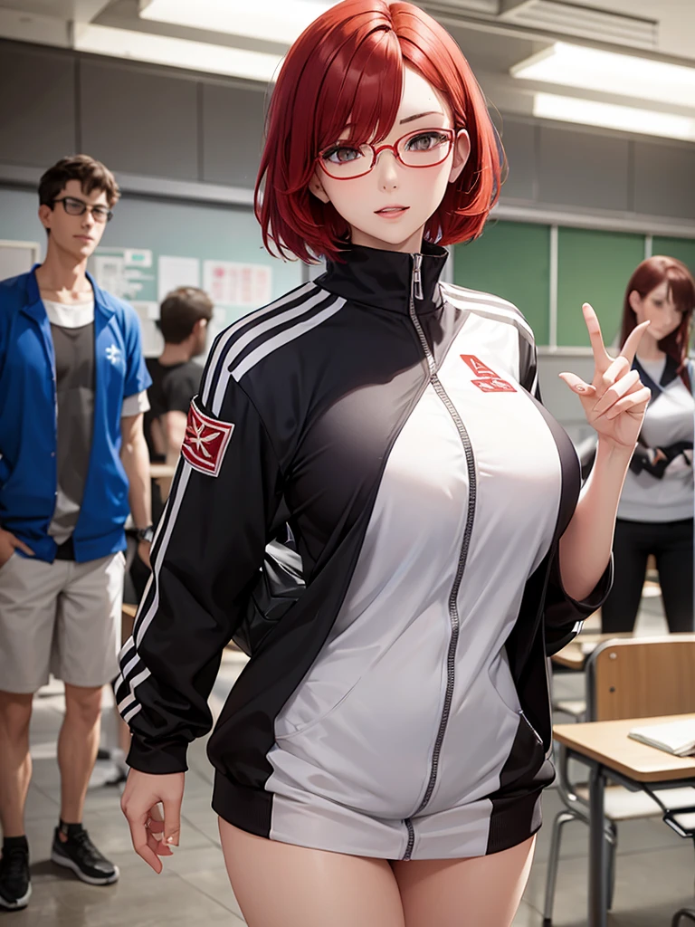 woman with short red hair, white eyes, glasses, tall body, big breasts, sexy kimono a tracksuit, is at school