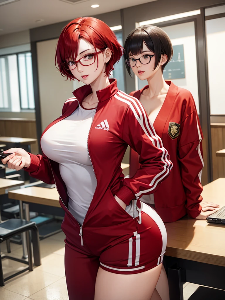 woman with short red hair, white eyes, glasses, tall body, big breasts, sexy kimono a tracksuit, is at school