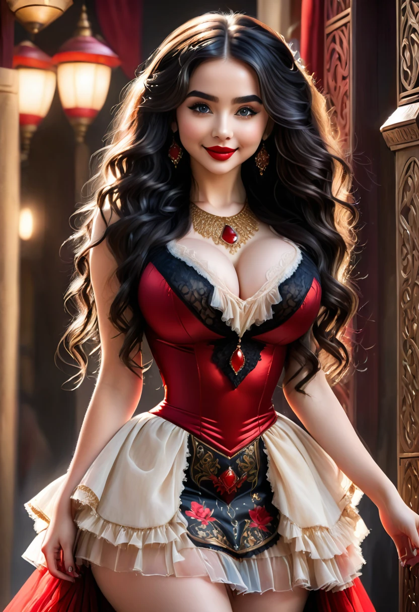 A Beautful Jewish Women With A Thick Bushy Unibrow And A Attractive Nose. Thick, Intense, Curly, Frizzy, Messy Long nigh black Hair. Boho Dress. Curvy Hourglass Figure. Ultra HD,, Epic Lighting, Striking Silhouette. Sabrina Carpenter. Attractive Pose. Aluring Smile. Red Lips. The Official Art – An Award-Winning Digital Masterpiece In 4K Ultra HD, Extreme Detail And Intricate Realism. This Concept Art Brought To Life By The Hands Of Artists Like Wlop & Artgerm In A Stunning 2D Vector Illustration.