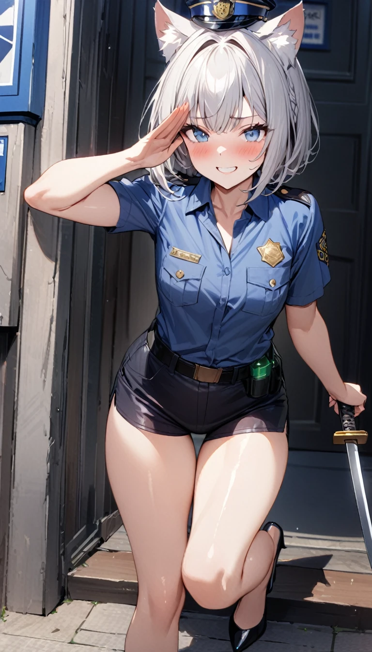 1girl、(((best quality)), ((masterpiece)), (details), masterpiece, best quality, high quality, ulutra detailed, perfect face, ((1girl, Blue eyes, cat ears: 1.3 silver bob hair: 2.5,)) 、Shiny Hair、Glowing Skin、blush、Lustful look、whole body、Police Officer Costume、Police officer shorts、Black stiletto heels、salute、Embarrassed smile、Holding a Japan sword with both hands、police box、Police Station Background、whole body